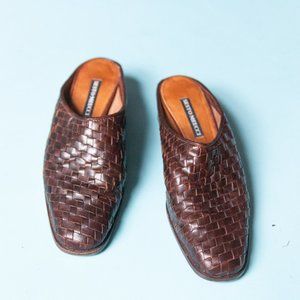 VINTAGE 90s Sesto Meucci Genuine Leather Woven Slip On Heeled Mules Size 7